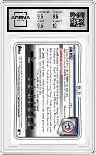 Trent Palmer from the 2020 Bowman Draft set featuring a Refractor parallel graded by Arena Club and given an overall grade of 10.