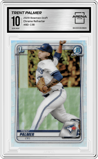 Trent Palmer from the 2020 Bowman Draft set featuring a Refractor parallel graded by Arena Club and given an overall grade of 10.