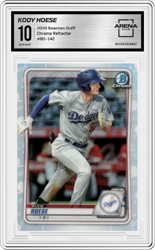 Kody Hoese from the 2020 Bowman Draft set featuring a Refractor parallel graded by Arena Club and given an overall grade of 10.