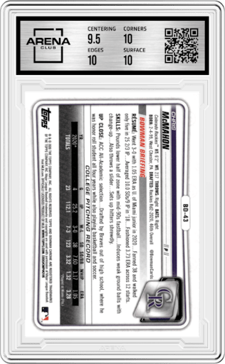 Chris McMahon from the 2020 Bowman Draft set graded by Arena Club and given an overall grade of 10.