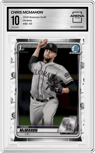 Chris McMahon from the 2020 Bowman Draft set graded by Arena Club and given an overall grade of 10.