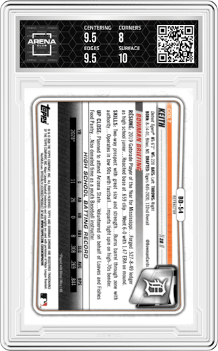 Colt Keith from the 2020 Bowman Draft set featuring a Sky Blue Refractor  parallel graded by Arena Club and given an overall grade of 8.5.