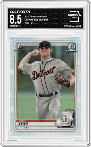 Colt Keith from the 2020 Bowman Draft set featuring a Sky Blue Refractor  parallel graded by Arena Club and given an overall grade of 8.5.