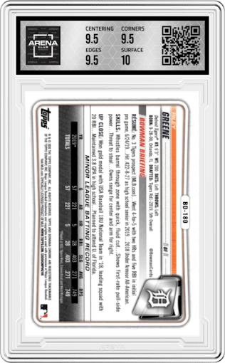 Riley Greene from the 2020 Bowman Draft set graded by Arena Club and given an overall grade of 10.