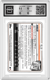Dillon Dingler from the 2020 Bowman Draft set featuring a Refractor parallel graded by Arena Club and given an overall grade of 10.
