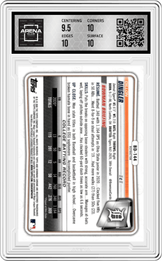 Dillon Dingler from the 2020 Bowman Draft set featuring a Refractor parallel graded by Arena Club and given an overall grade of 10.