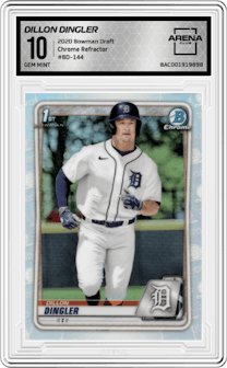 Dillon Dingler from the 2020 Bowman Draft set featuring a Refractor parallel graded by Arena Club and given an overall grade of 10.