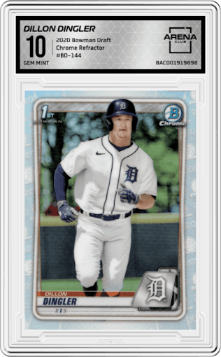 Dillon Dingler from the 2020 Bowman Draft set featuring a Refractor parallel graded by Arena Club and given an overall grade of 10.