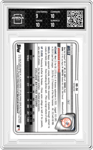 Austin Wells from the 2020 Bowman Draft set featuring a Refractor parallel graded by Arena Club and given an overall grade of 9.5.