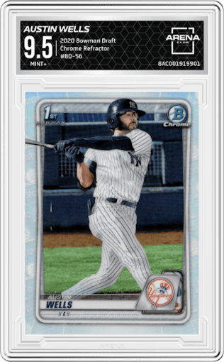 Austin Wells from the 2020 Bowman Draft set featuring a Refractor parallel graded by Arena Club and given an overall grade of 9.5.