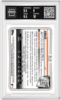 Dillon Dingler from the 2020 Bowman Draft set featuring a Refractor parallel graded by Arena Club and given an overall grade of 9.5.
