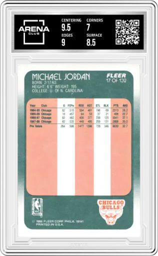 Michael Jordan from the 1988-89 Fleer set graded by Arena Club and given an overall grade of 7.5.