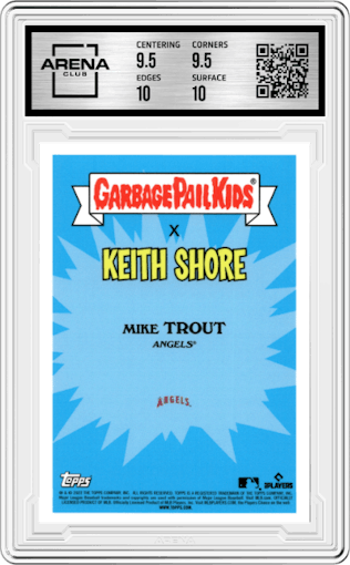 Modeled Mike from the 2022 Topps X MLB Garbage Pail Kids set graded by Arena Club and given an overall grade of 10.
