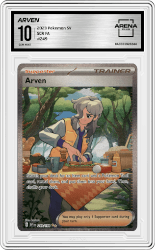 Arven from the 2023 Pokemon SV set graded by Arena Club and given an overall grade of 10.