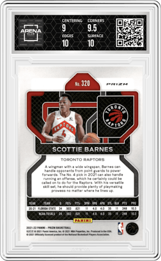 Scottie Barnes from the 2021-22 Panini Prizm  set featuring a Ice Prizm parallel graded by Arena Club and given an overall grade of 9.5.