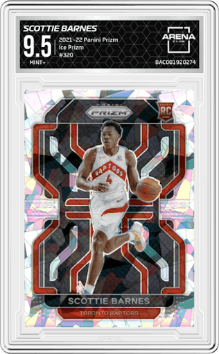 Scottie Barnes from the 2021-22 Panini Prizm  set featuring a Ice Prizm parallel graded by Arena Club and given an overall grade of 9.5.
