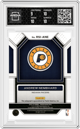 Andrew Nembhard from the 2022-23 Panini Prizm  set graded by Arena Club and given an overall grade of 9.5.