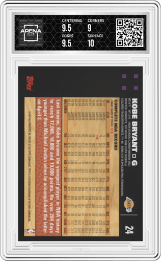 Kobe Bryant from the 2007-08 Topps set graded by Arena Club and given an overall grade of 9.5.