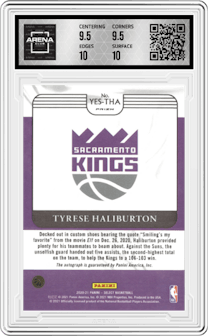 Tyrese Haliburton from the 2020-21 Panini Select  set graded by Arena Club and given an overall grade of 10.
