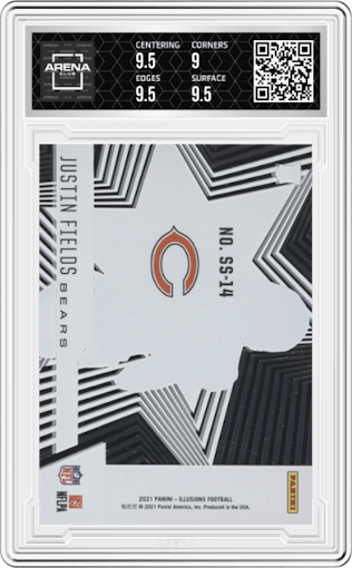 Justin Fields from the 2021 Panini Illusions set graded by Arena Club and given an overall grade of 9.5.