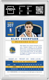 Klay Thompson from the 2012-13 Panini set graded by Arena Club and given an overall grade of 9.5.