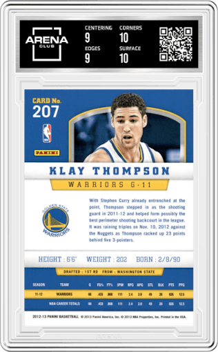 Klay Thompson from the 2012-13 Panini set graded by Arena Club and given an overall grade of 9.5.