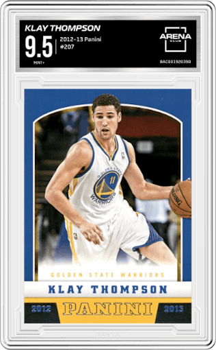 Klay Thompson from the 2012-13 Panini set graded by Arena Club and given an overall grade of 9.5.