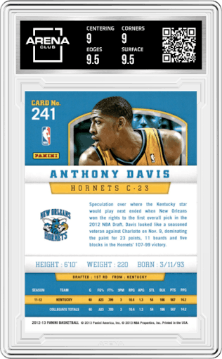 Anthony Davis from the 2012-13 Panini set graded by Arena Club and given an overall grade of 9.5.
