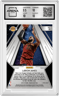 LeBron James from the 2018-19 Panini Prizm set featuring a Fast Break parallel graded by Arena Club and given an overall grade of 10.