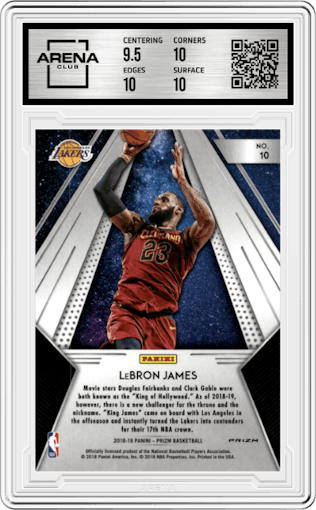 LeBron James from the 2018-19 Panini Prizm set featuring a Fast Break parallel graded by Arena Club and given an overall grade of 10.