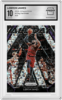 LeBron James from the 2018-19 Panini Prizm set featuring a Fast Break parallel graded by Arena Club and given an overall grade of 10.