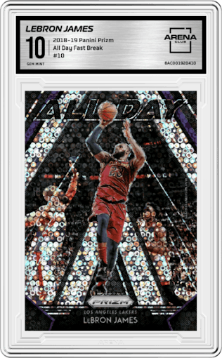 LeBron James from the 2018-19 Panini Prizm set featuring a Fast Break parallel graded by Arena Club and given an overall grade of 10.