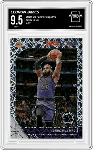 LeBron James from the 2019-20 Panini Hoops Premium Stock set featuring a Silver Laser parallel graded by Arena Club and given an overall grade of 9.5.