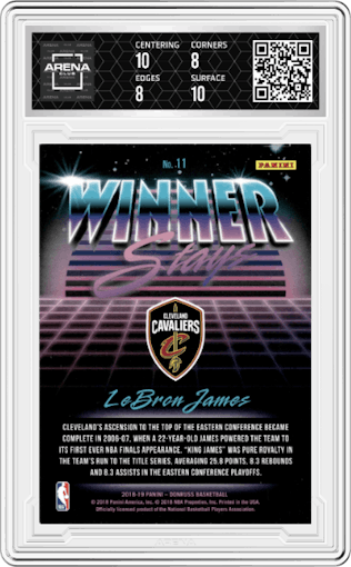 LeBron James from the 2018-19 Panini Donruss  set featuring a Green Flood parallel graded by Arena Club and given an overall grade of 8.5.