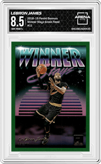 LeBron James from the 2018-19 Panini Donruss  set featuring a Green Flood parallel graded by Arena Club and given an overall grade of 8.5.