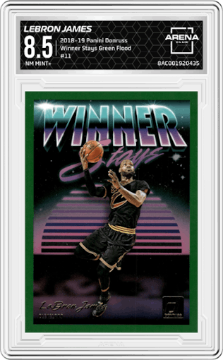 LeBron James from the 2018-19 Panini Donruss  set featuring a Green Flood parallel graded by Arena Club and given an overall grade of 8.5.