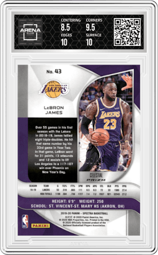 LeBron James from the 2019-20 Panini Spectra set featuring a Celestial parallel graded by Arena Club and given an overall grade of 9.