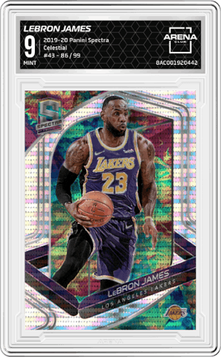 LeBron James from the 2019-20 Panini Spectra set featuring a Celestial parallel graded by Arena Club and given an overall grade of 9.