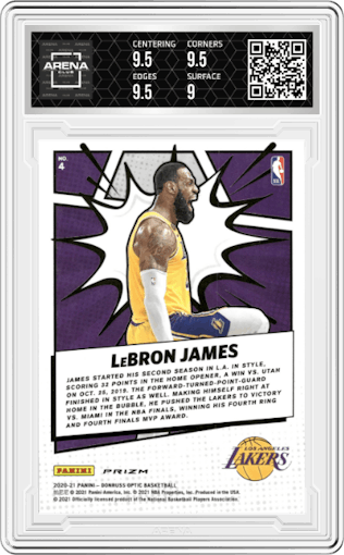 LeBron James from the 2020-21 Panini Donruss Optic set featuring a Purple parallel graded by Arena Club and given an overall grade of 9.5.