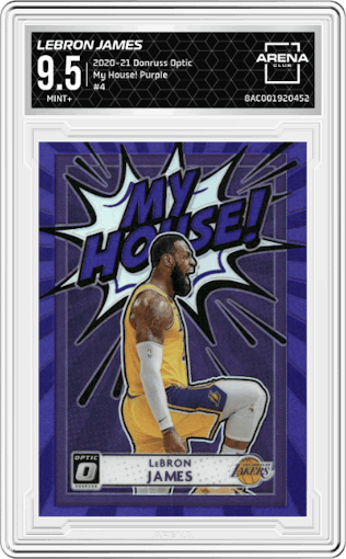 LeBron James from the 2020-21 Panini Donruss Optic set featuring a Purple parallel graded by Arena Club and given an overall grade of 9.5.