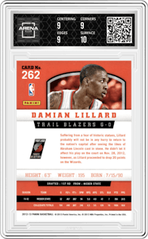 Damian Lillard from the 2012-13 Panini set graded by Arena Club and given an overall grade of 9.5.