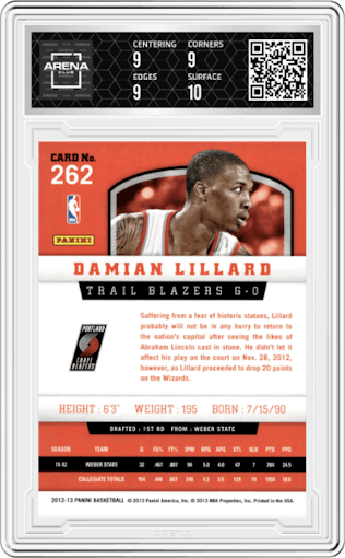 Damian Lillard from the 2012-13 Panini set graded by Arena Club and given an overall grade of 9.5.