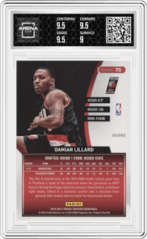 Damian Lillard from the 2012-13 Panini Totally Certified set graded by Arena Club and given an overall grade of 9.5.