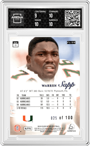 Warren Sapp from the 2012 Fleer Retro set featuring a Legacy Row 0 parallel graded by Arena Club and given an overall grade of 9.5.