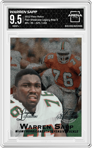 Warren Sapp from the 2012 Fleer Retro set featuring a Legacy Row 0 parallel graded by Arena Club and given an overall grade of 9.5.