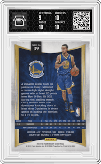 Stephen Curry from the 2012-13 Panini Select set graded by Arena Club and given an overall grade of 9.5.