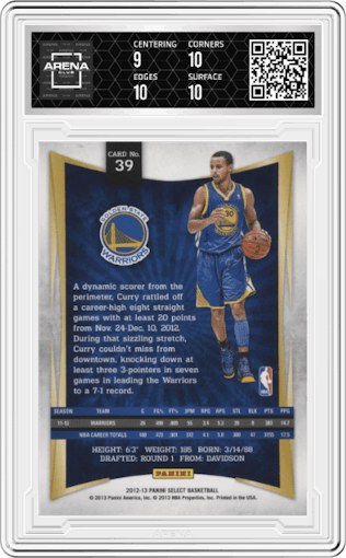 Stephen Curry from the 2012-13 Panini Select set graded by Arena Club and given an overall grade of 9.5.