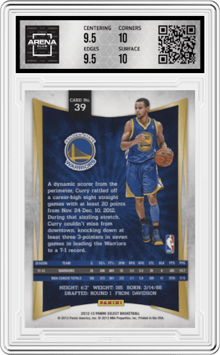 Stephen Curry from the 2012-13 Panini Select set graded by Arena Club and given an overall grade of 10.