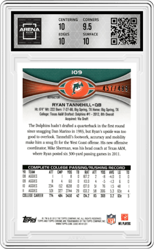 Ryan Tannehill from the 2012 Topps Chrome set featuring a Camo Refractor parallel graded by Arena Club and given an overall grade of 10.