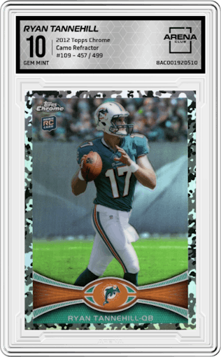 Ryan Tannehill from the 2012 Topps Chrome set featuring a Camo Refractor parallel graded by Arena Club and given an overall grade of 10.